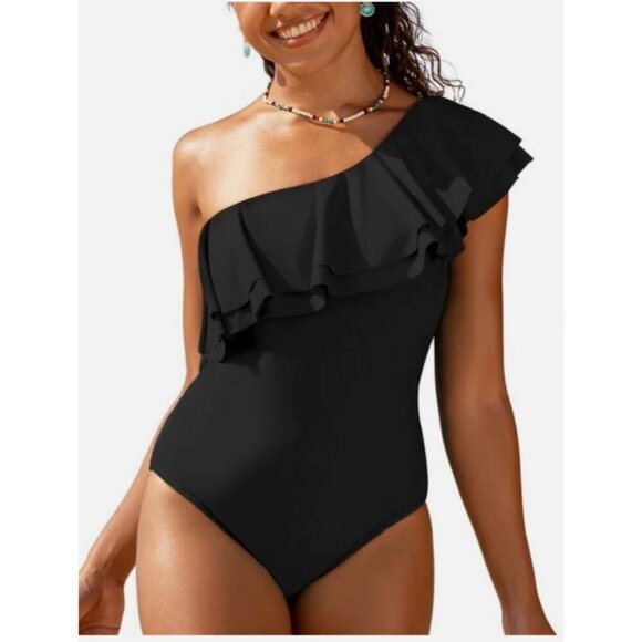 Hilor Black One Shoulder Ruffled One-Piece Swimsuit SIZE-14 - Picture 2 of 5